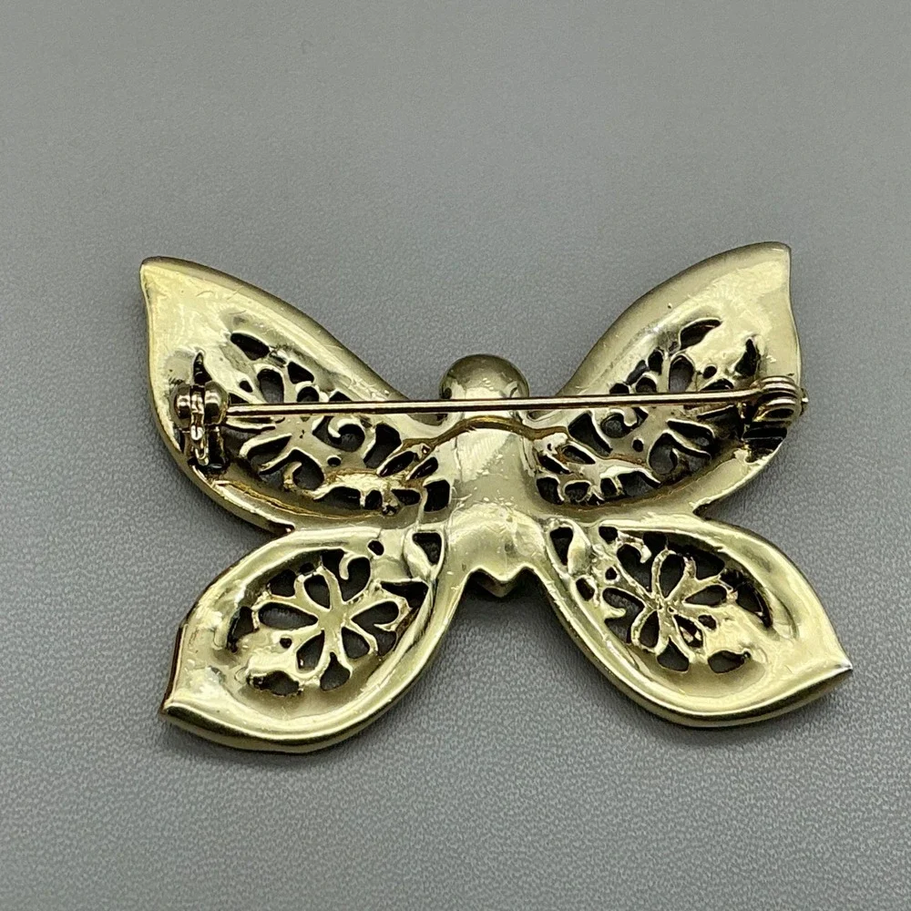Butterfly Pin Brooch Women Amber Gold Tone Rhinestone Filigree Fashion Accessory